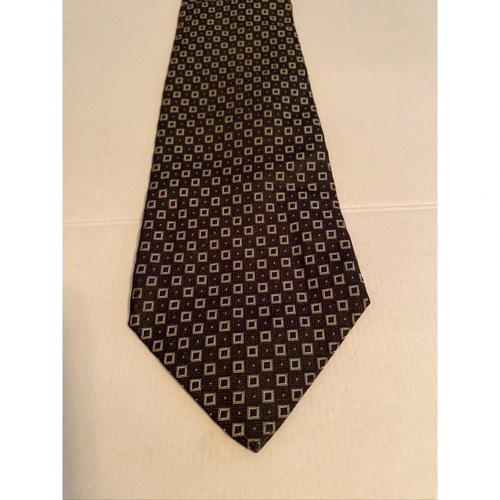 Polo Ralph Lauren Mens Silk Necktie Brown Tan Geometric Square Pattern Hand Made
